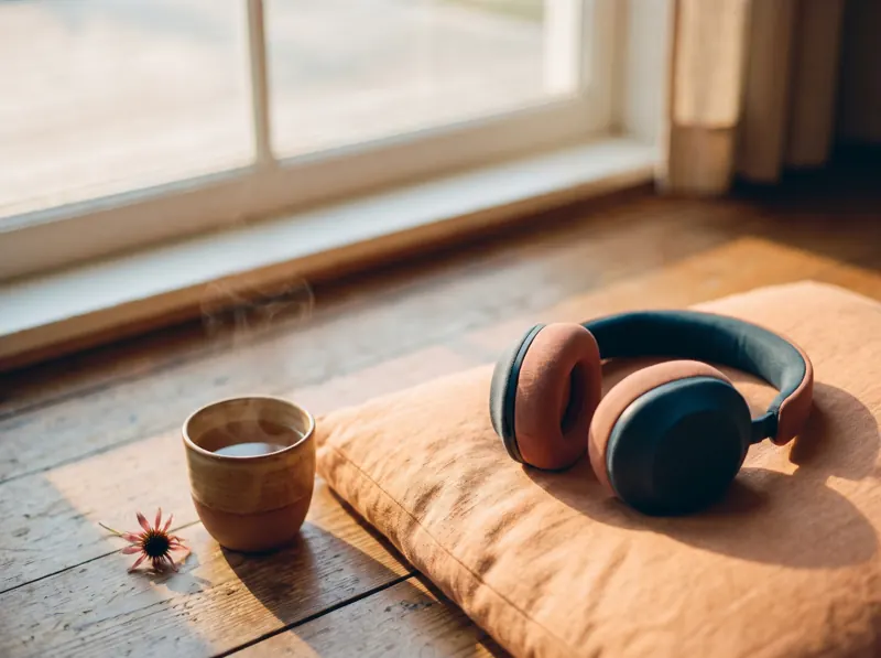 Kopfhörer auf einem Meditationskissen im Morgenlicht, daneben eine Tasse Tee.